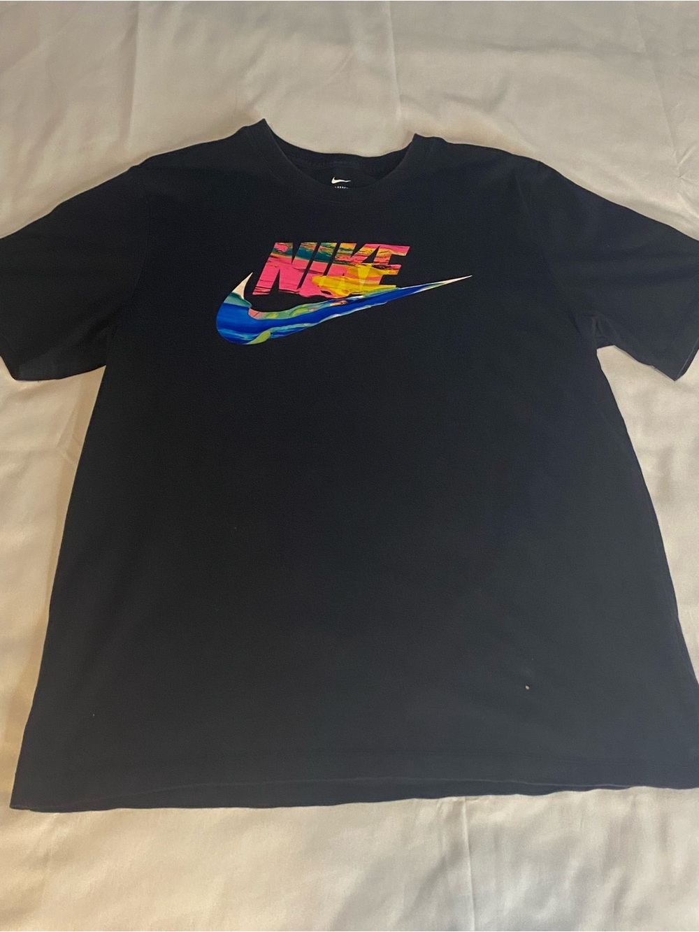 Mens Nike Black Short Sleeve Tee with Multicolor Swoosh Graphic Size M